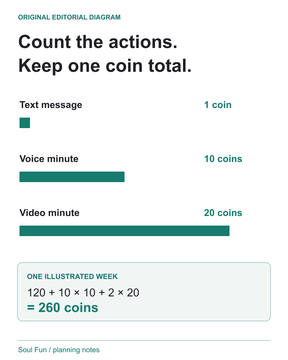 SoulFun coin worksheet using its published terms: one text message is 1 coin, a voice minute 10 coins and a video minute 20 coins. The illustrated week of 120 texts, 10 voice minutes and 2 video minutes totals 260 coins; photos and other charges are excluded.