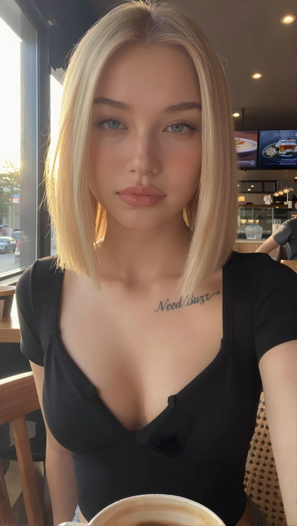 Blonde woman seated at a cafe table.